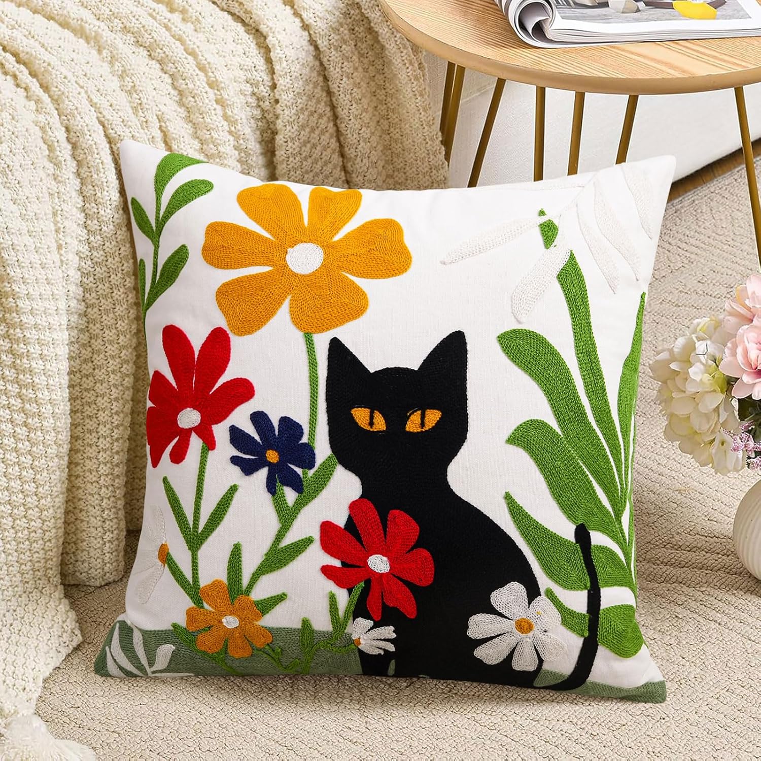 Embroidered Boho Black Throw Pillow Cover — 18" — Black Cat + Flower