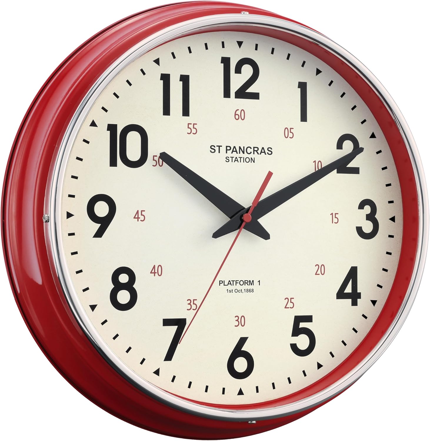 Vintage Mid-Century Beige Wall Clock — 12.4" — Red