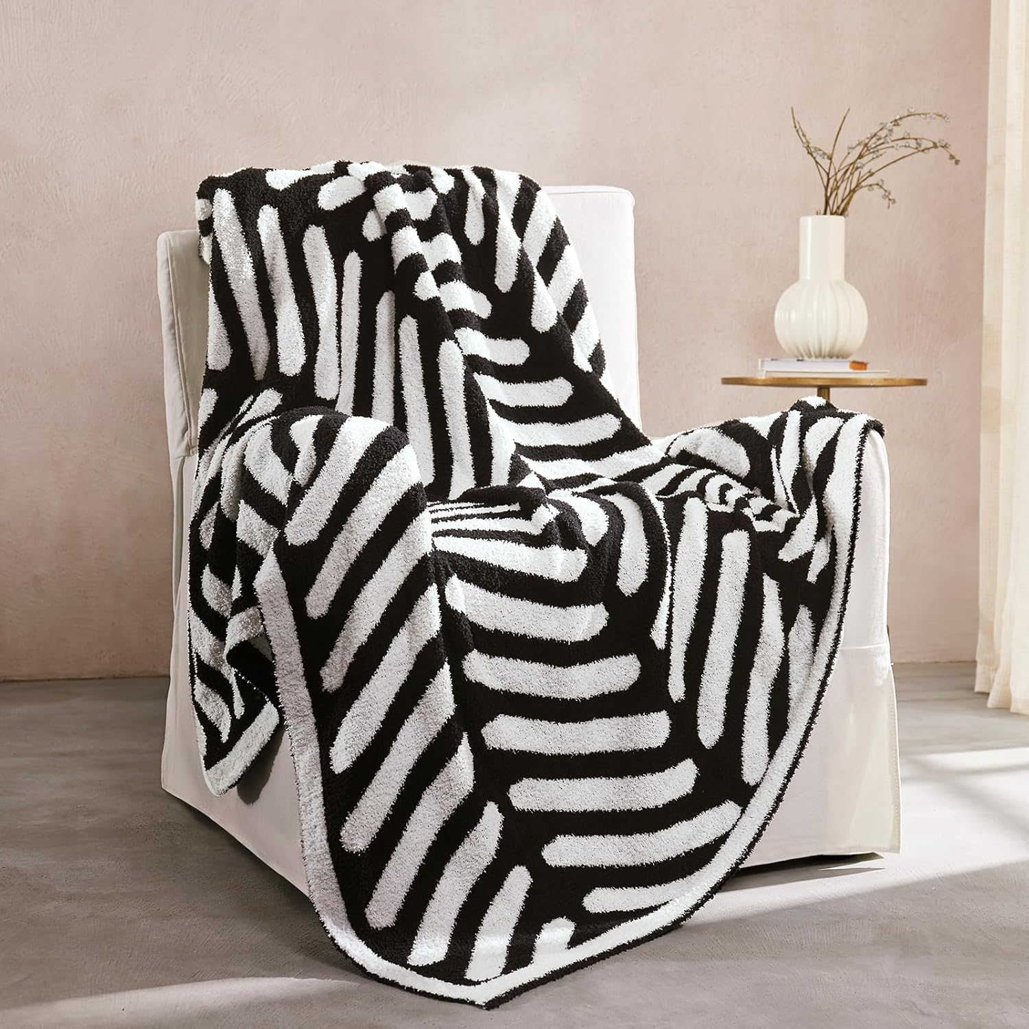 Beige Throw Pillow — 70" — Stripe Black White