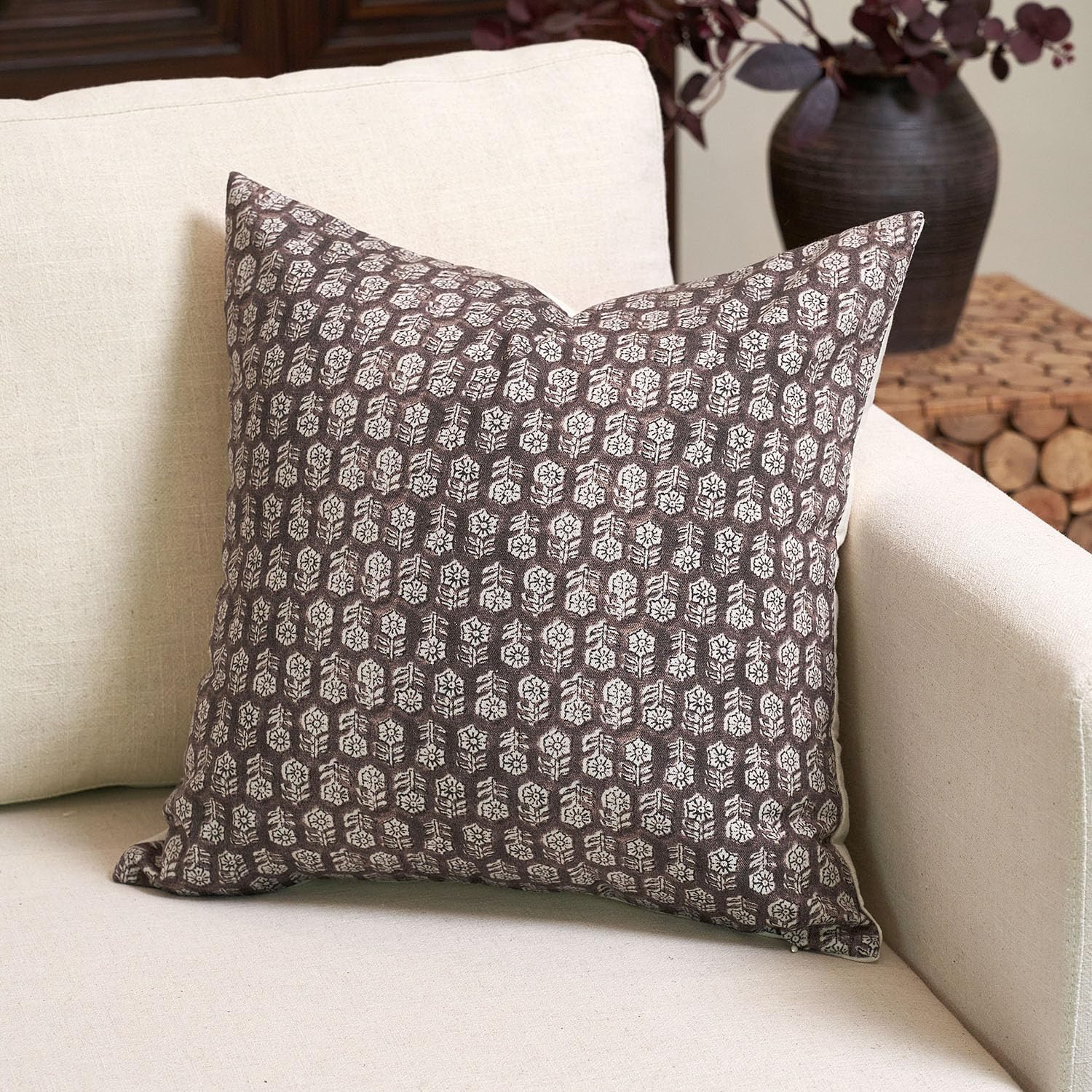 Farmhouse Beige Throw Pillow Cover — 18" — Dark Brown