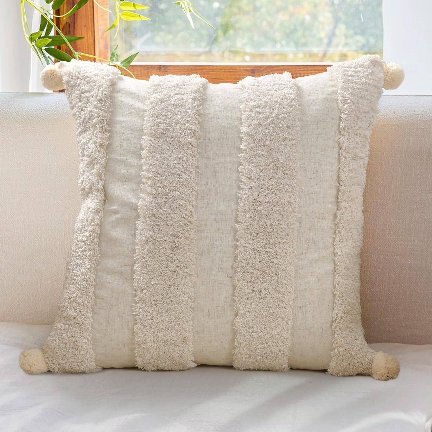 Tufted Boho Beige Throw Pillow Cover — 18" — Tufting Cream