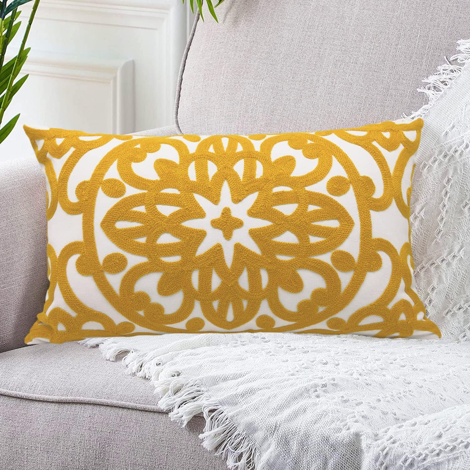 Embroidered Boho Beige Throw Pillow Cover — 12" - View 3