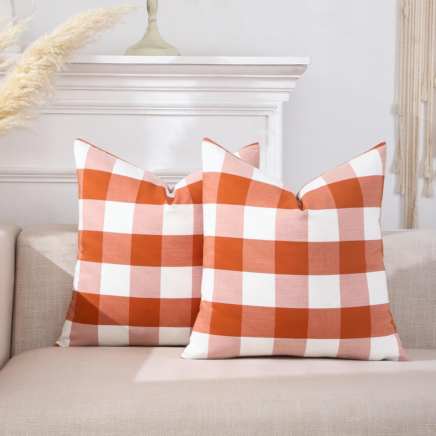 Boho Beige Throw Pillow Cover — 18" — Orange Check