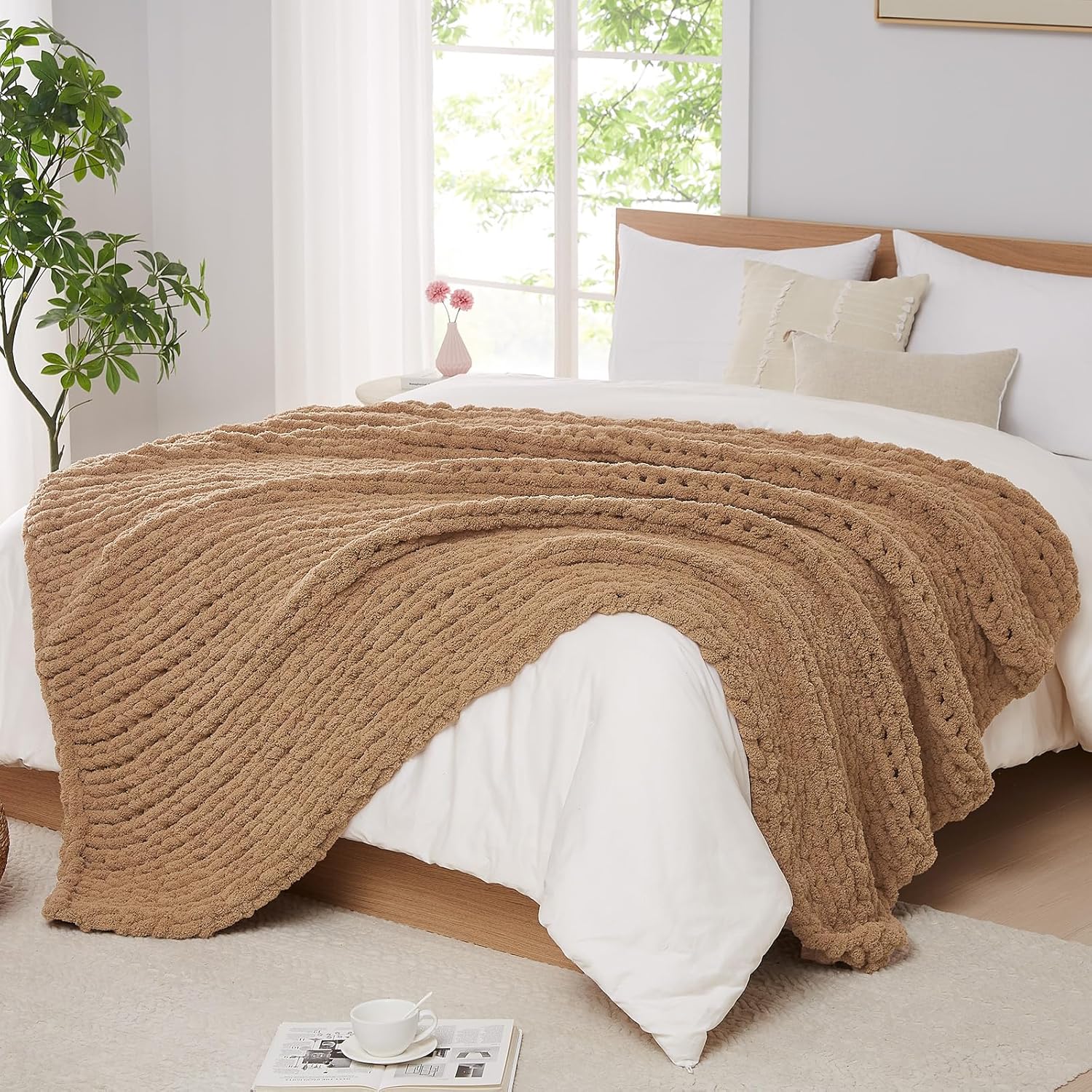 Knit Beige Throw Pillow — 50" — Tan