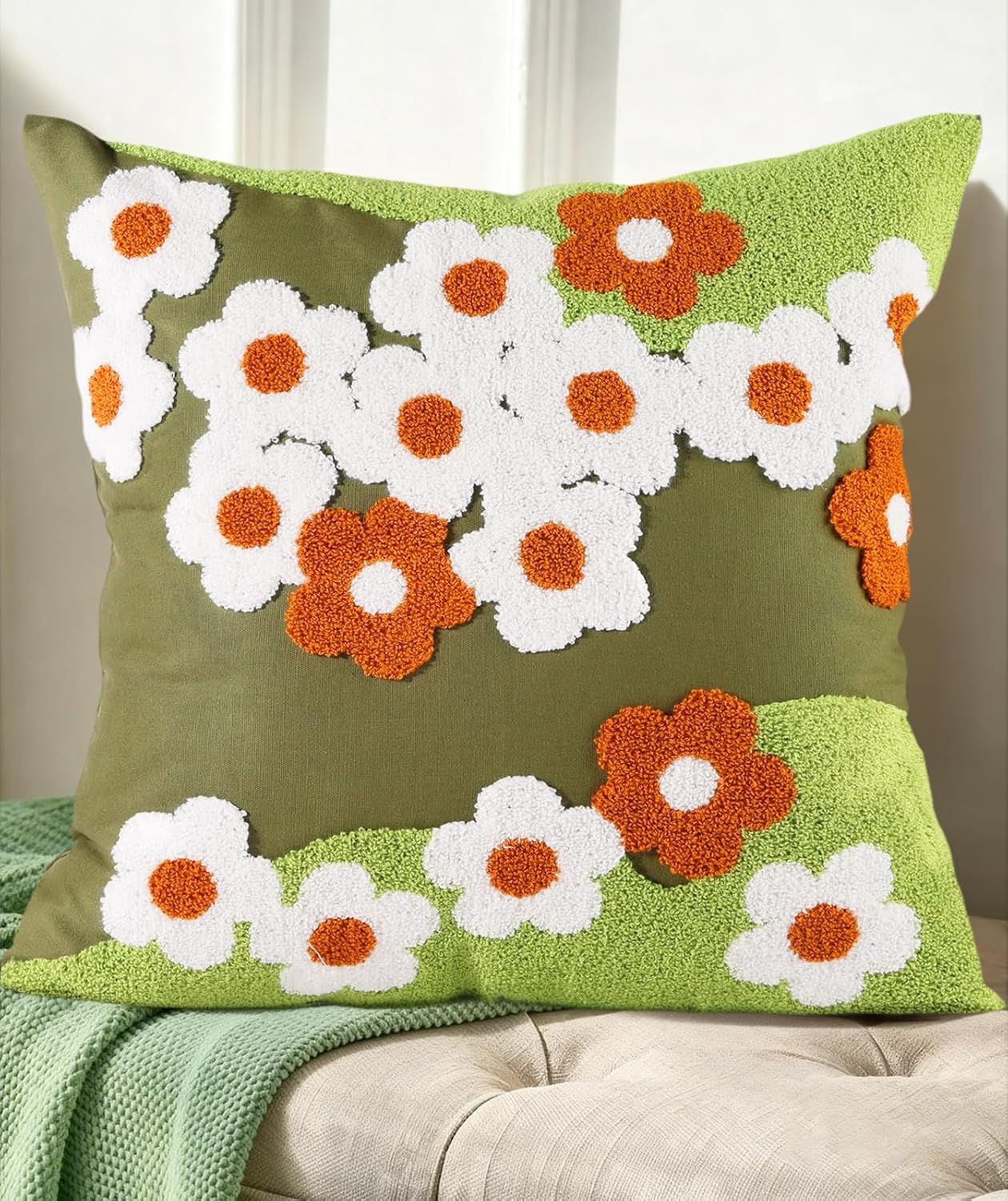 Embroidered Boho Beige Throw Pillow Cover — 18" — Green-flowers