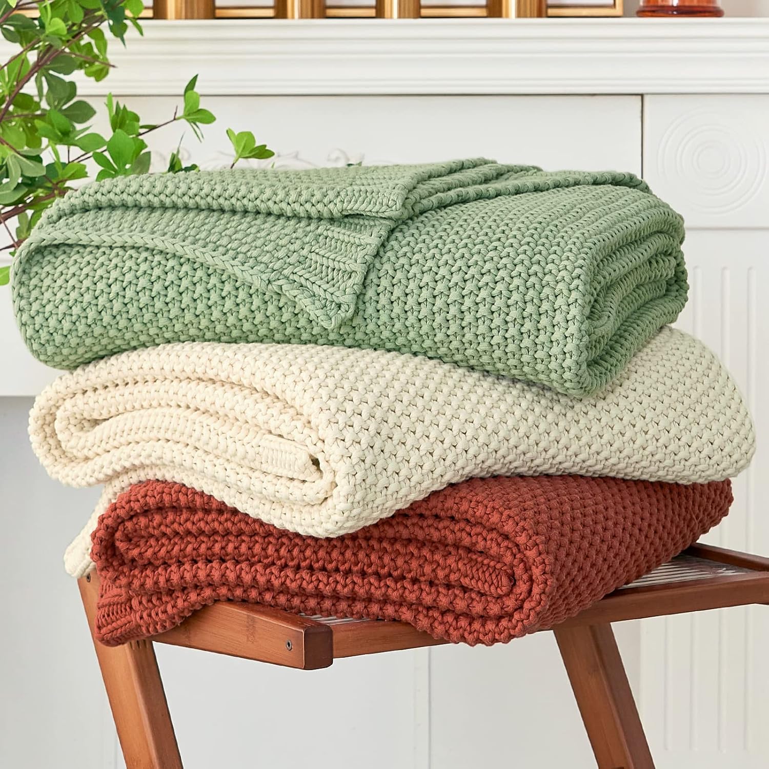 Knit Farmhouse Beige Throw Pillow — 51" — Light Green