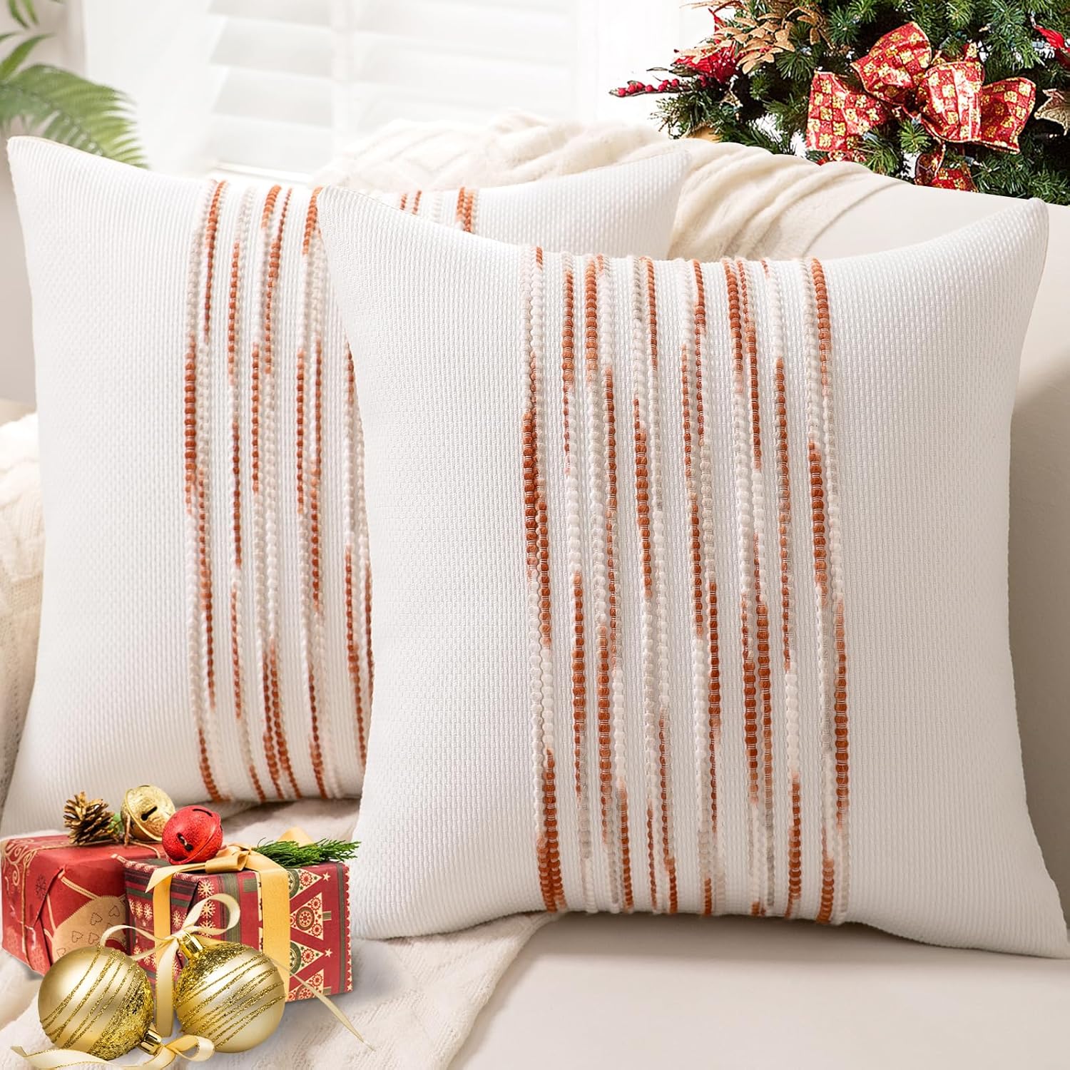 Chenille Boho Black Throw Pillow Cover — 18" — Wine-red Stripe