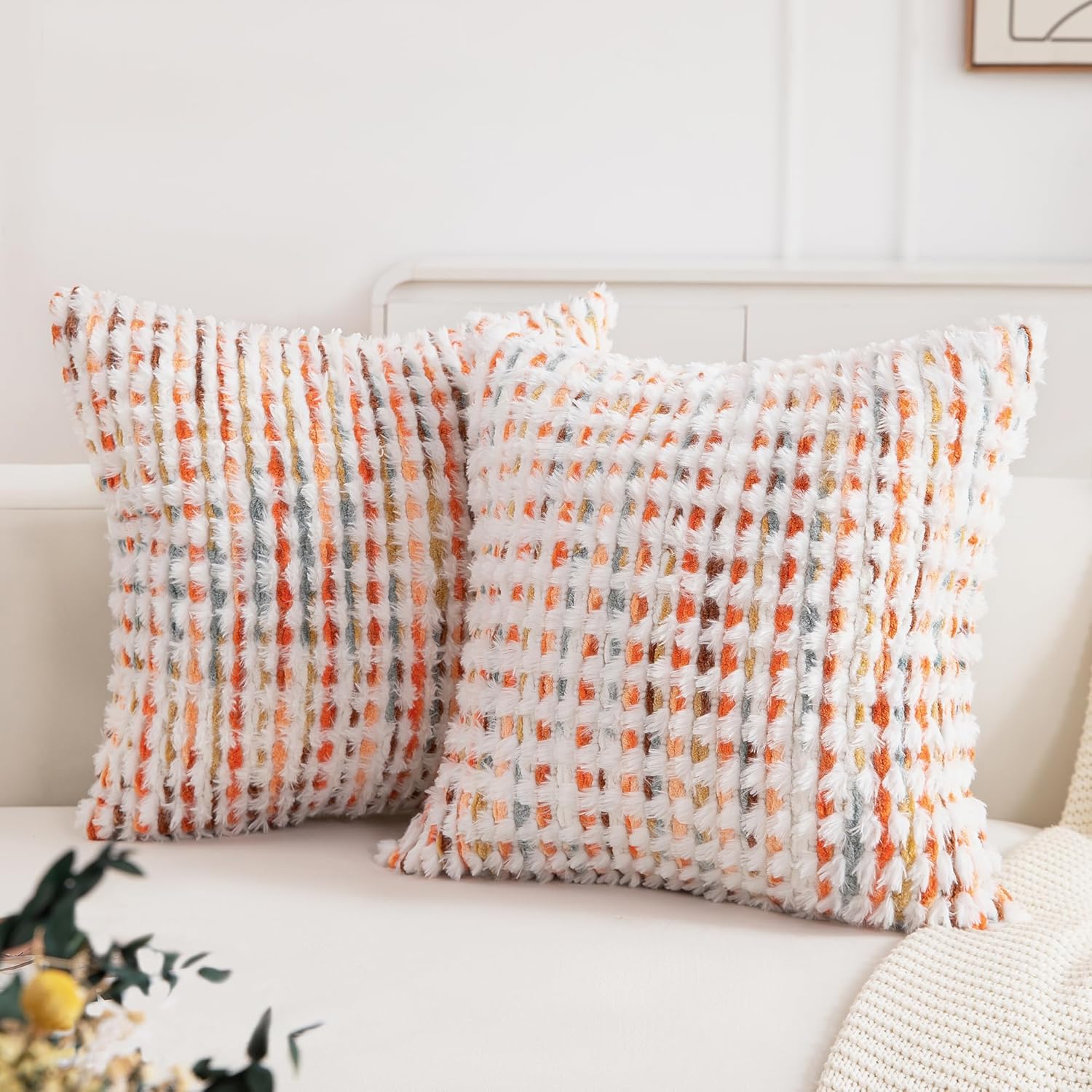 Tufted Boho Blue Throw Pillow Cover — 18" — Orange