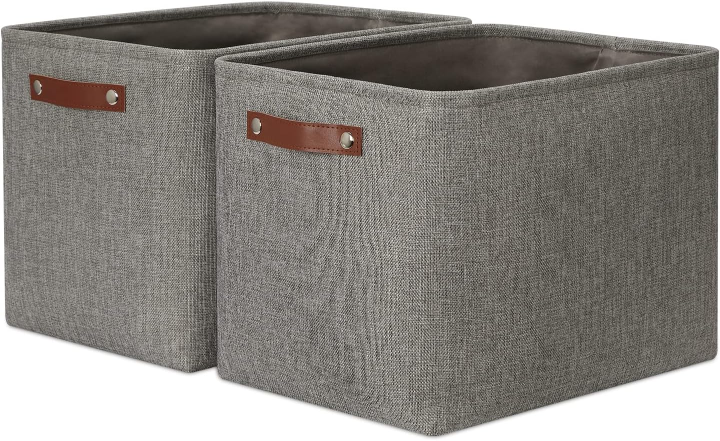 Beige Storage Basket — 17" — Grey-Leather Handles