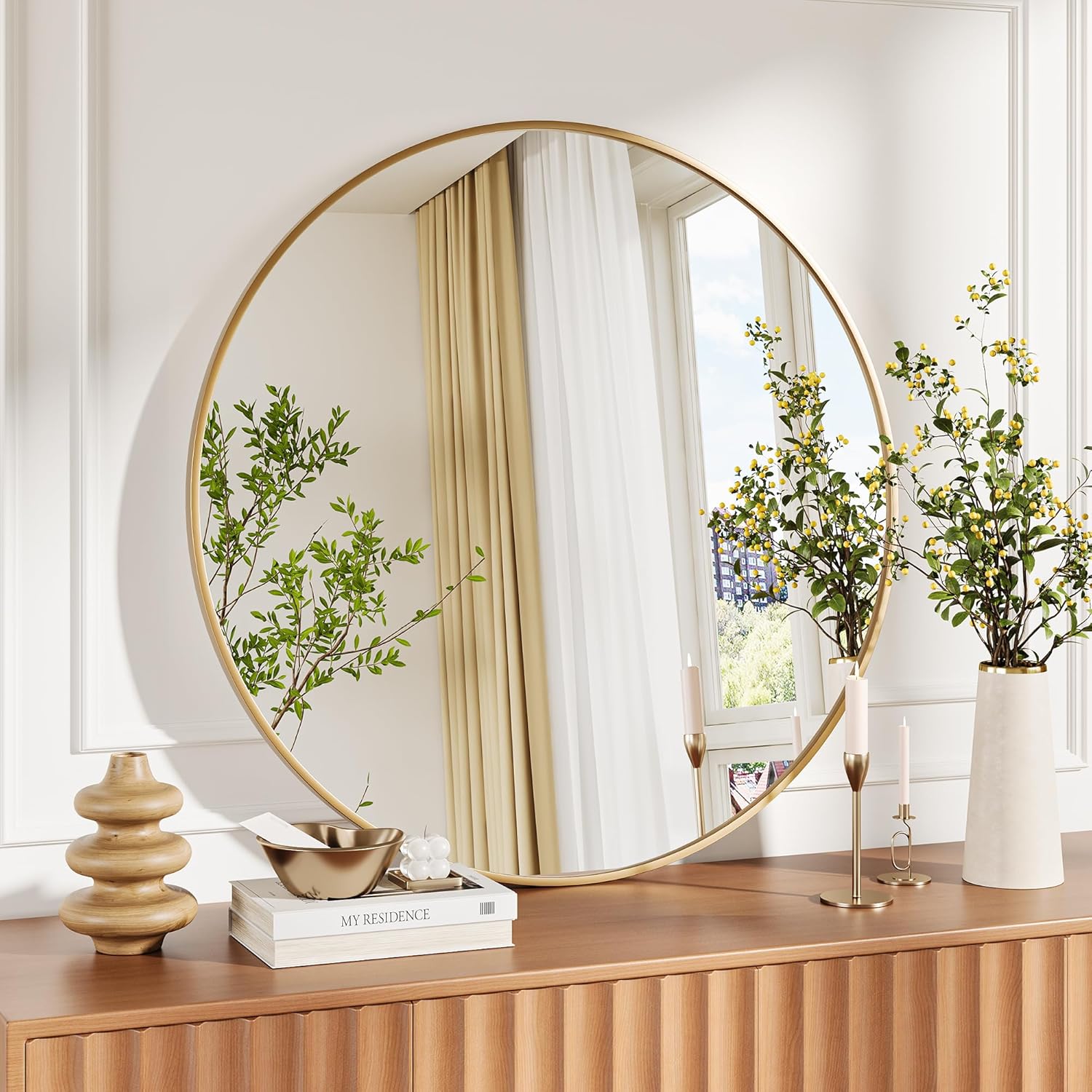 Round Farmhouse Black Wall Mirror — 36" — Gold
