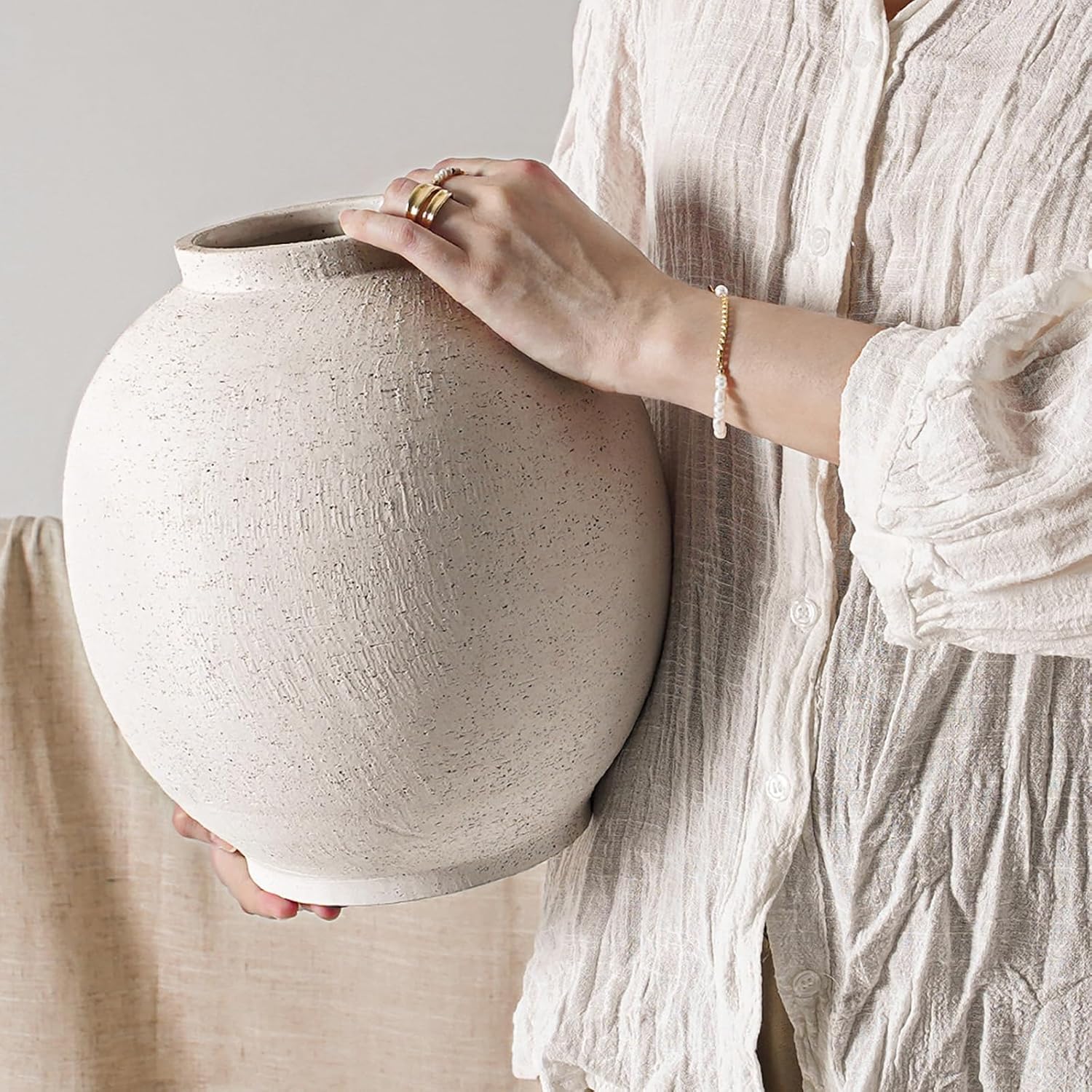 Farmhouse Beige Flower Vase — 8" — Sandstone White