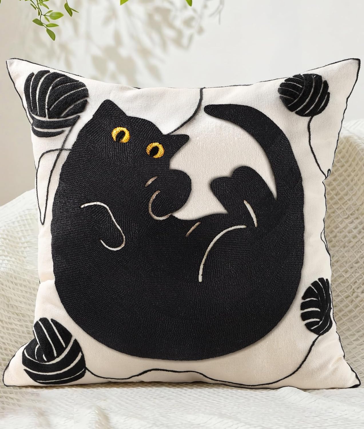 Embroidered Boho Fabric Throw Pillow Cover — 18" — Cat Ball
