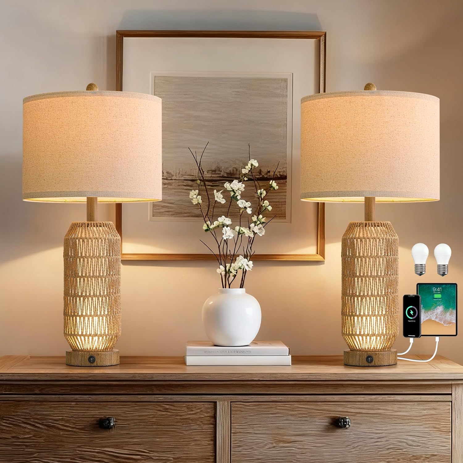 Boho Black Bedside Lamp — 21" — Wood-Grain