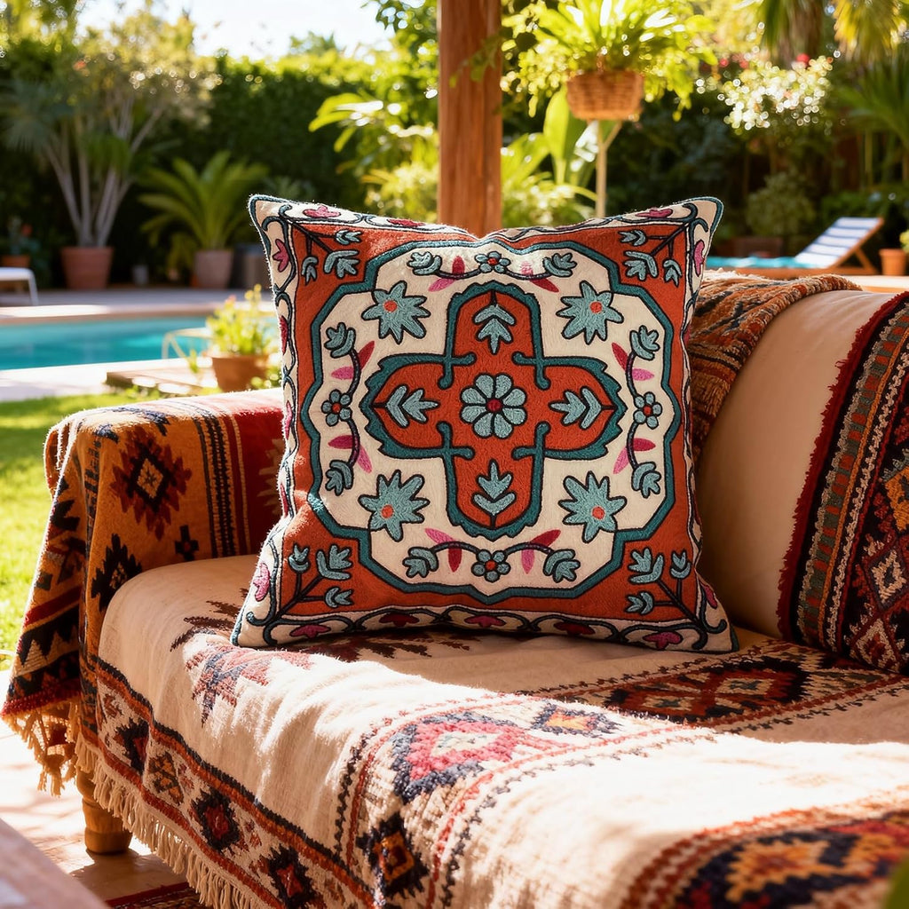 Boho Black Throw Pillow Cover — 18" — Flower-red