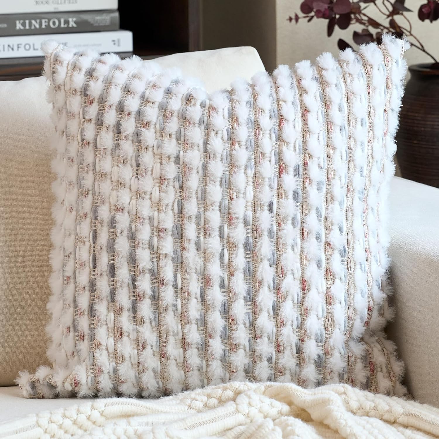 Tufted Boho Blue Throw Pillow Cover — 18" — Grey White