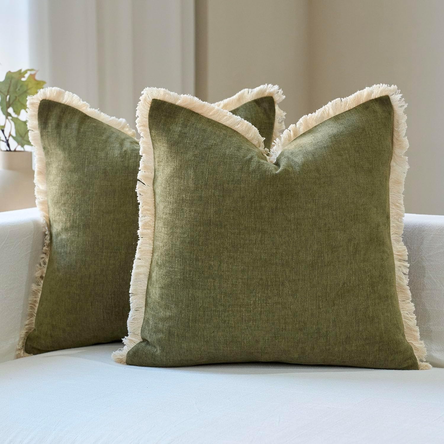 Boho Beige Throw Pillow Cover — 18" — Olive Green