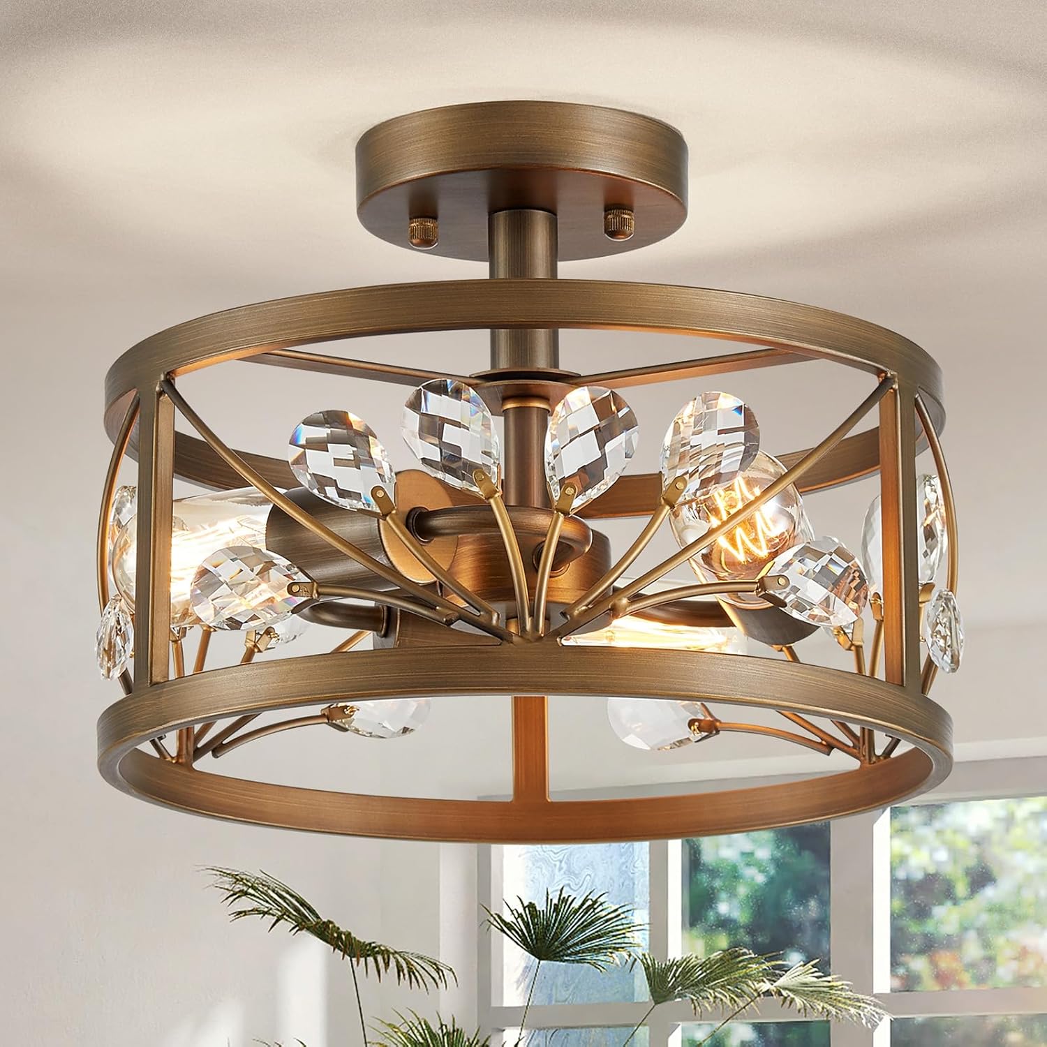 Vintage Farmhouse Black Chandelier — 3-Light — Oil rubbed bronze, Crystal leaf