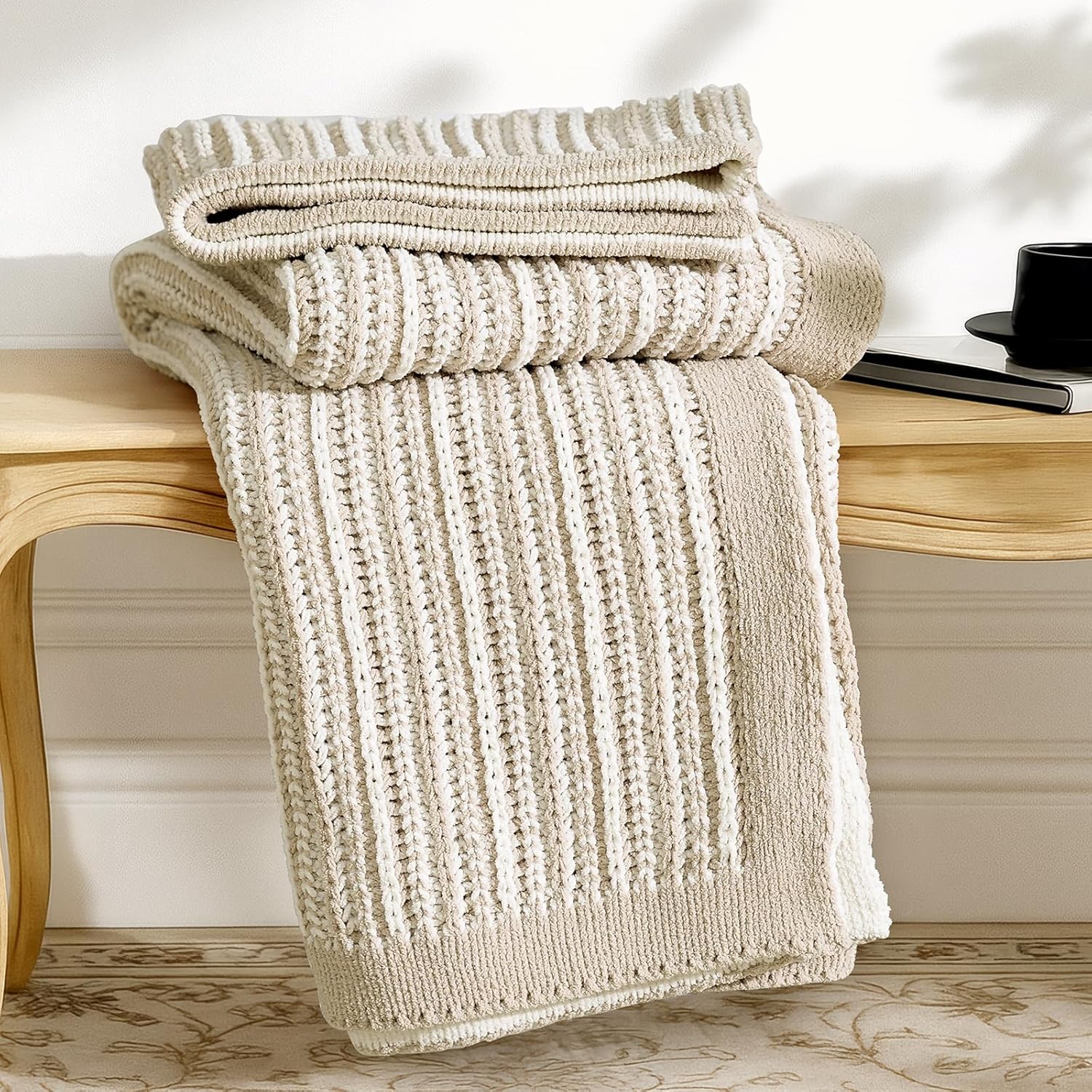 Knit Farmhouse Beige Throw Pillow — 50" — Two-tone Striped – Khaki & White