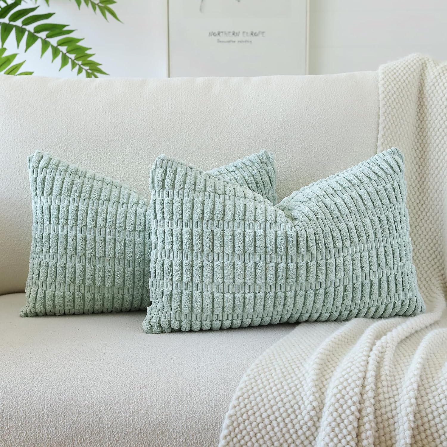 Lumbar Boho Beige Throw Pillow Cover — 24" — Light Blue Green