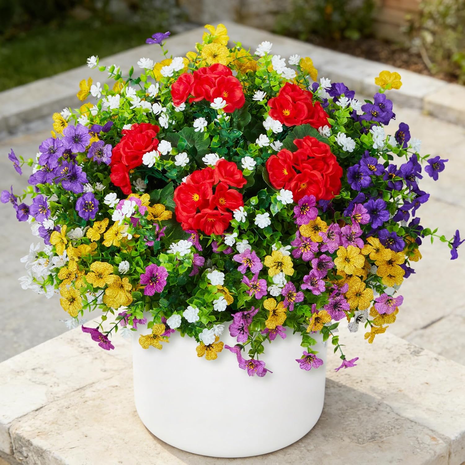 White Faux Plant — 7 Color Mixed(1 Red Geranium,3 White Boxwood,2 Purple,2 Lt. Purple,2 Yellow,2 White Daisy)