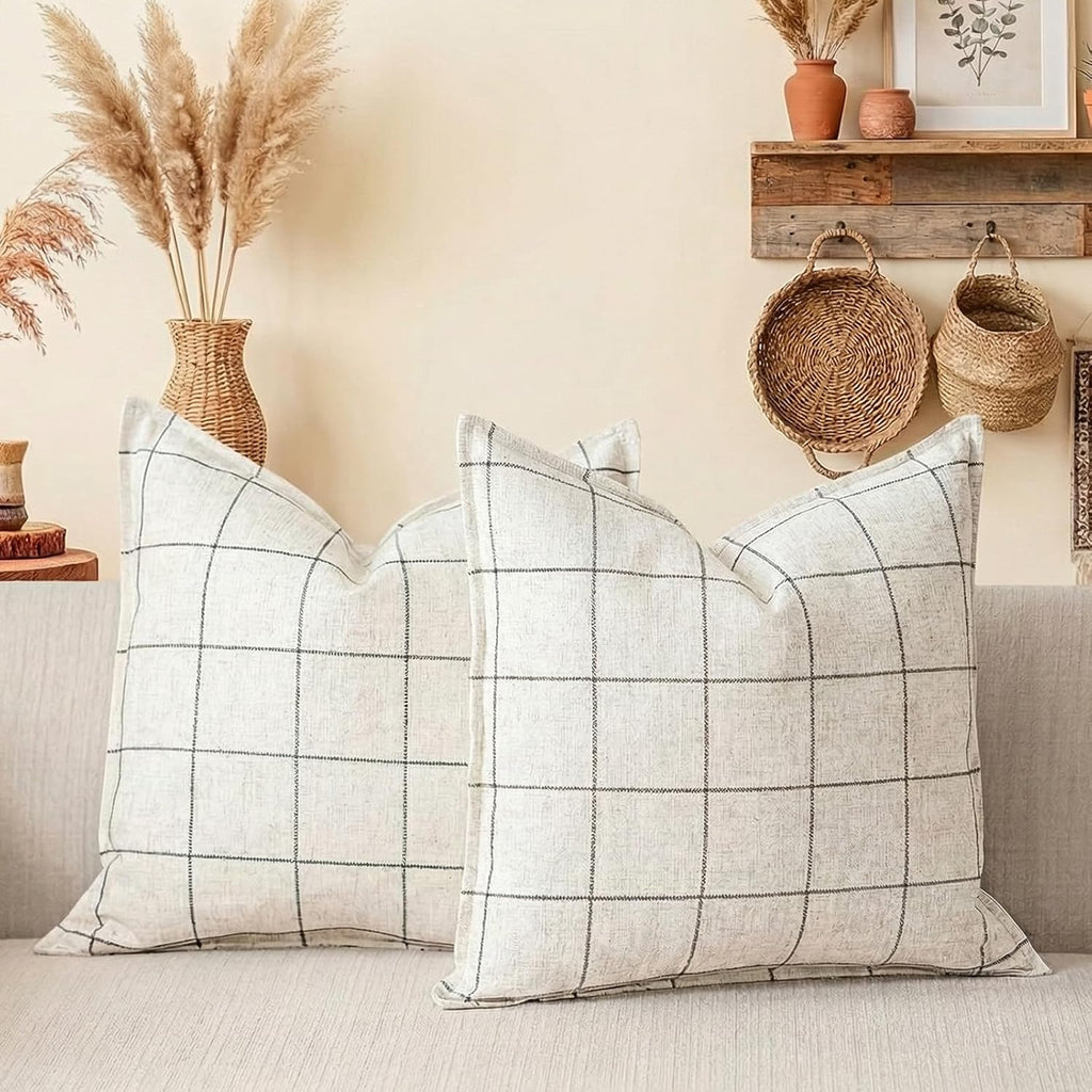 Linen Boho Beige Throw Pillow Cover — 20" — Beige & Black Plaid Set of 2