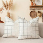 Linen Boho Beige Throw Pillow Cover — 20" — Beige & Black Plaid Set of 2