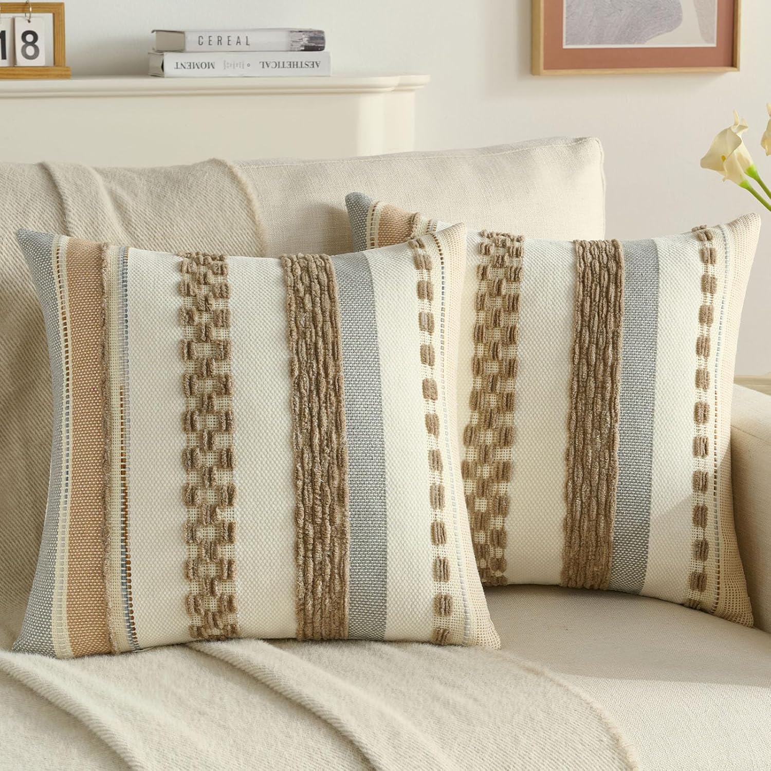 Tufted Boho Beige Throw Pillow Cover — 18" — Khaki