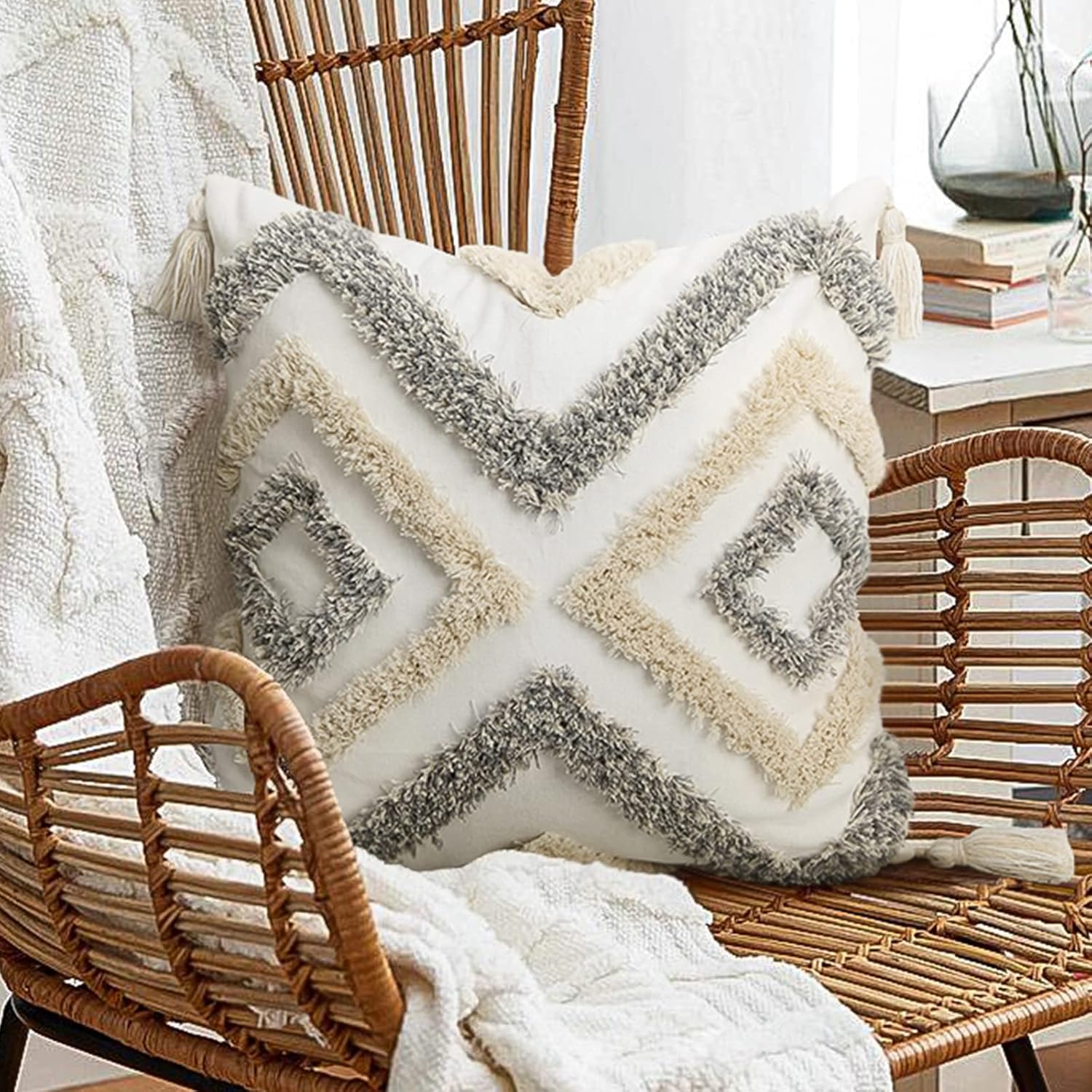 Tufted Boho Blue Pillow Cover — 18" — Grey and White 1