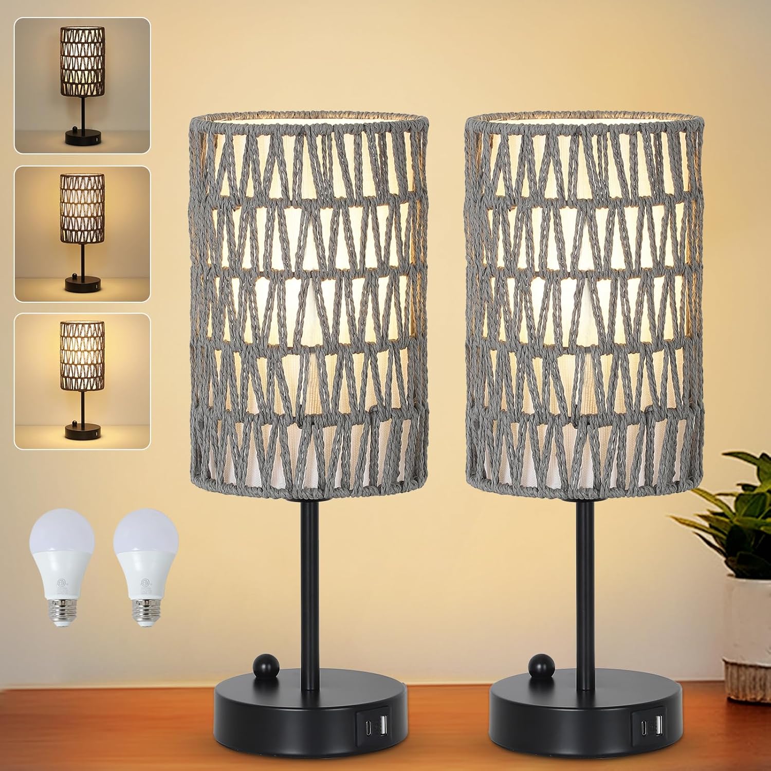 Dimmable Boho Black Desk Lamp — Gray-2pack