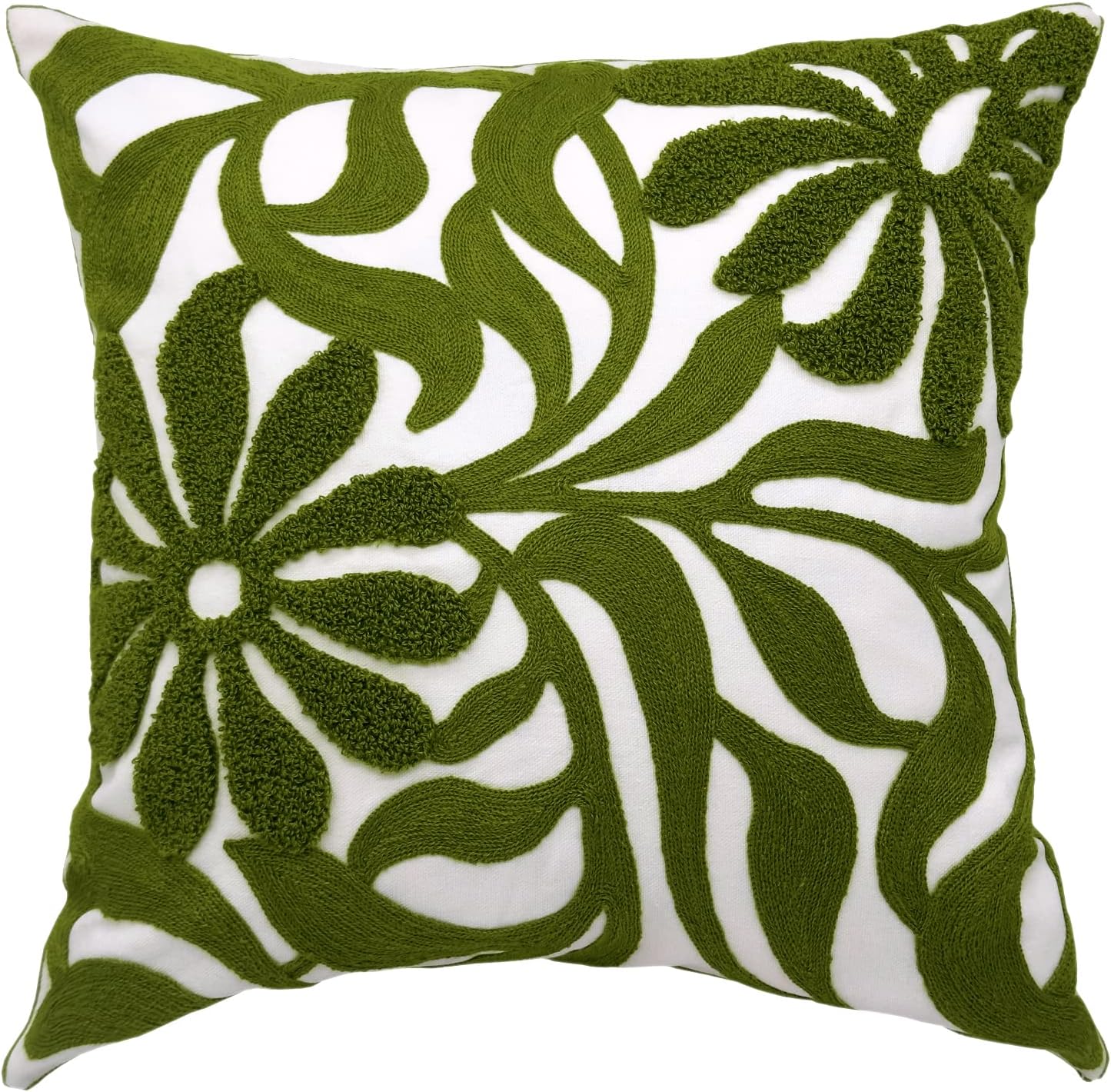 Tufted Boho Beige Throw Pillow Cover — 18" — Olive Green Floral