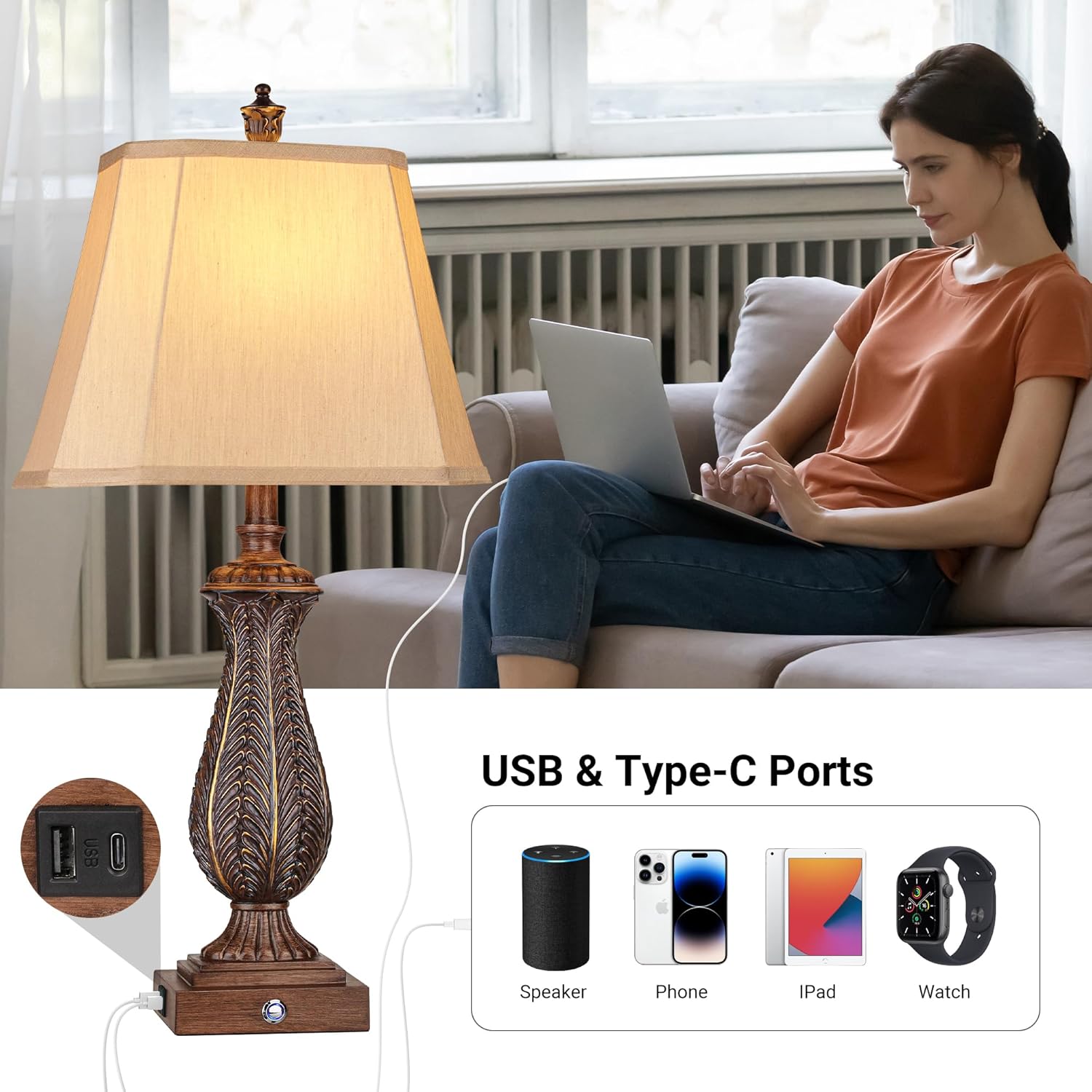 Dimmable Farmhouse Brown Bedside Lamp — 30" - View 2