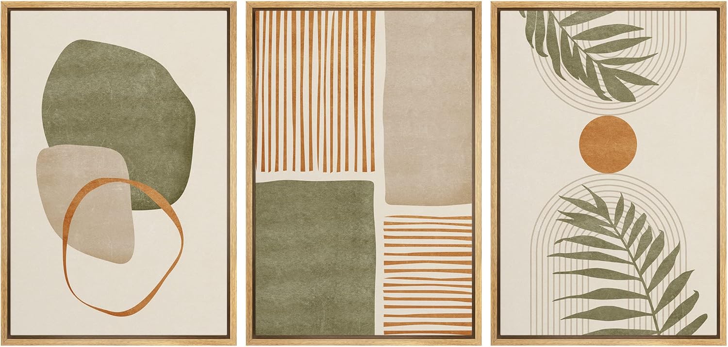 Framed Mid-Century Fabric Wall Art — 24" — 16" x 24" x 3 Panels NATURAL
