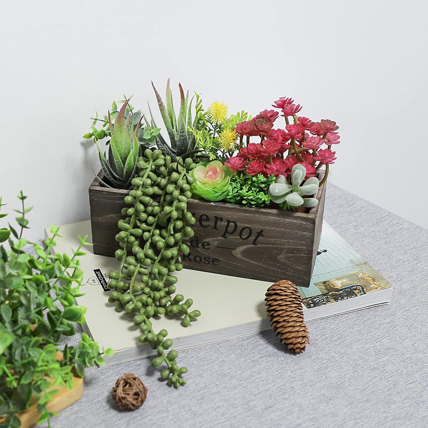 Rectangular Farmhouse Wood Faux Succulent - View 7