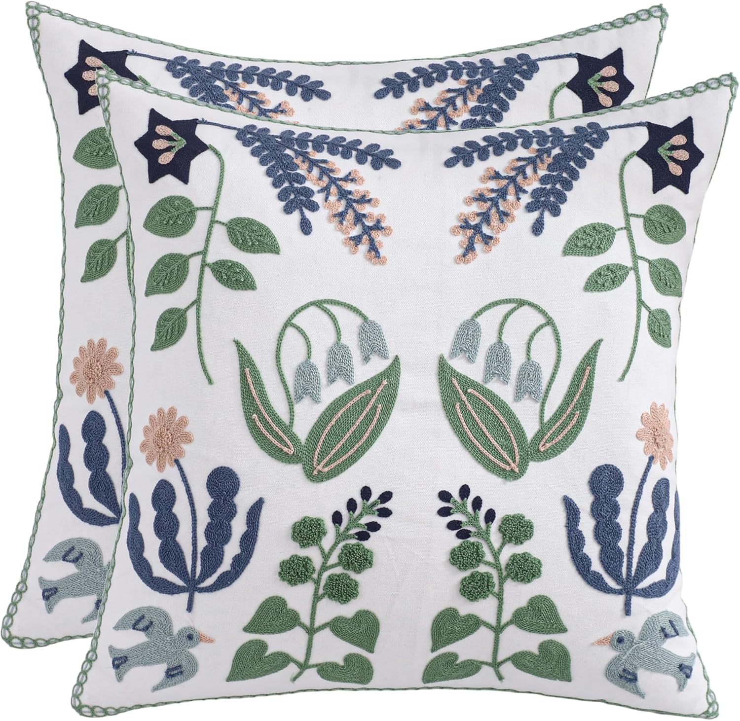 Embroidered Boho Green Throw Pillow Cover — 20" — Green Leaves With Swallows