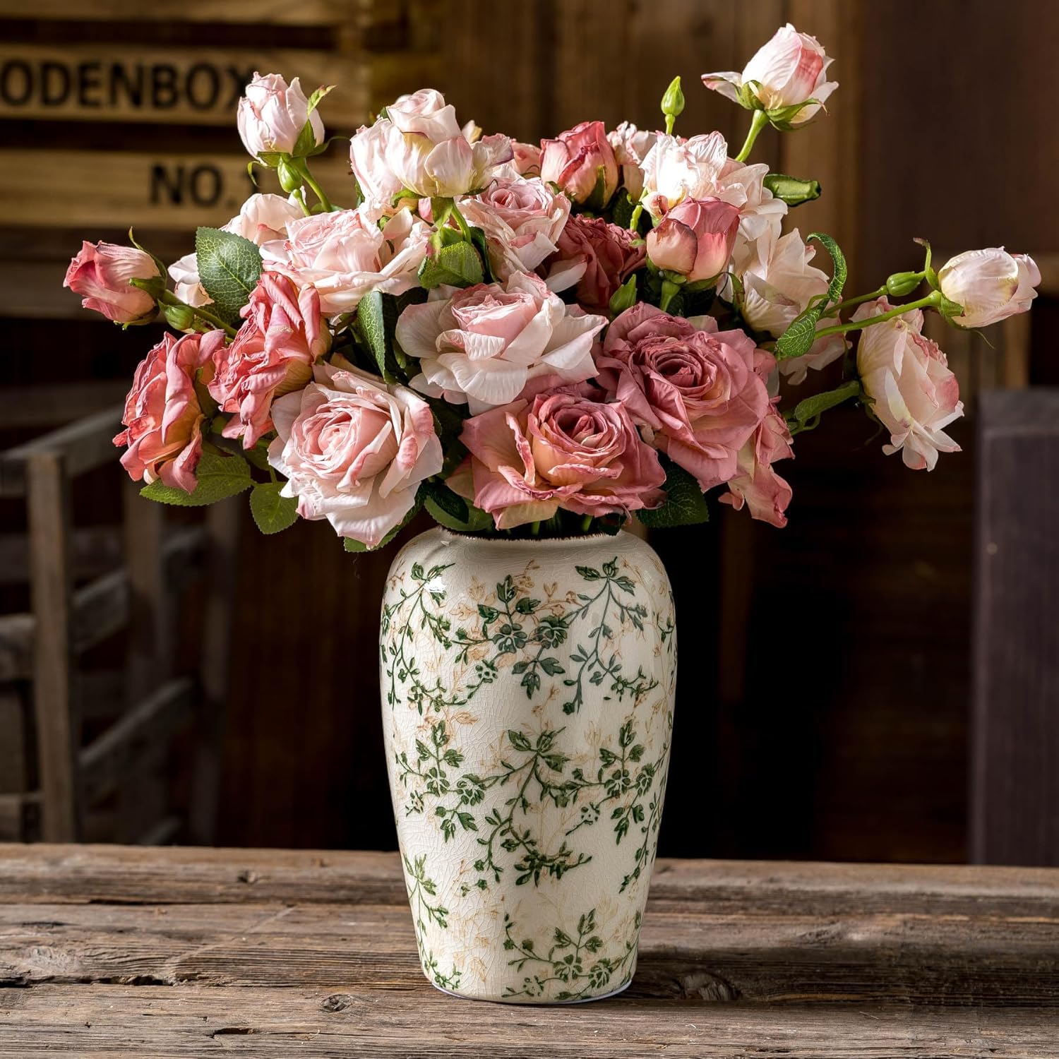 Vintage Farmhouse Beige Vase — 8" — 16-green and Beige