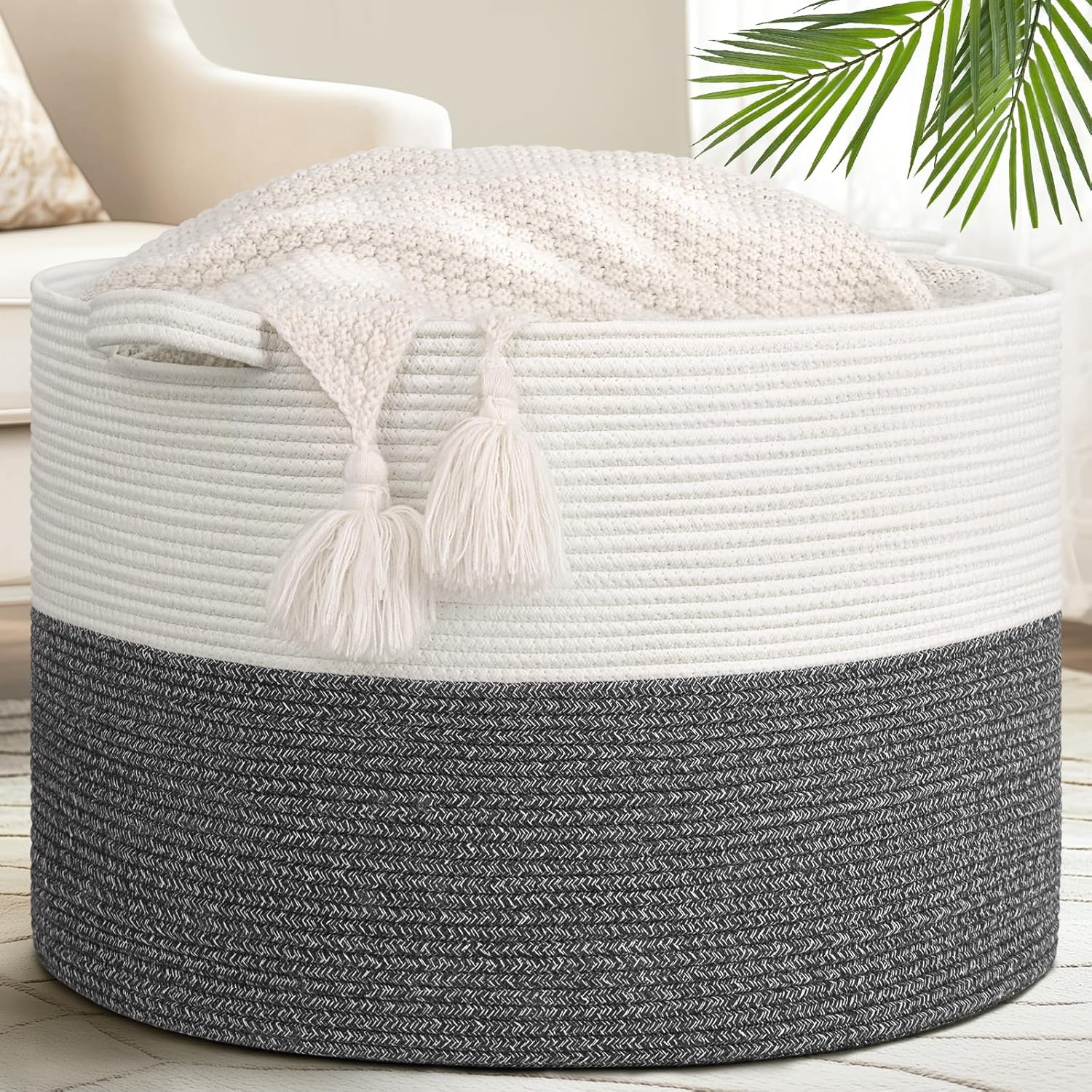 Round Boho Black Throw Pillow — 8" — White & Grey
