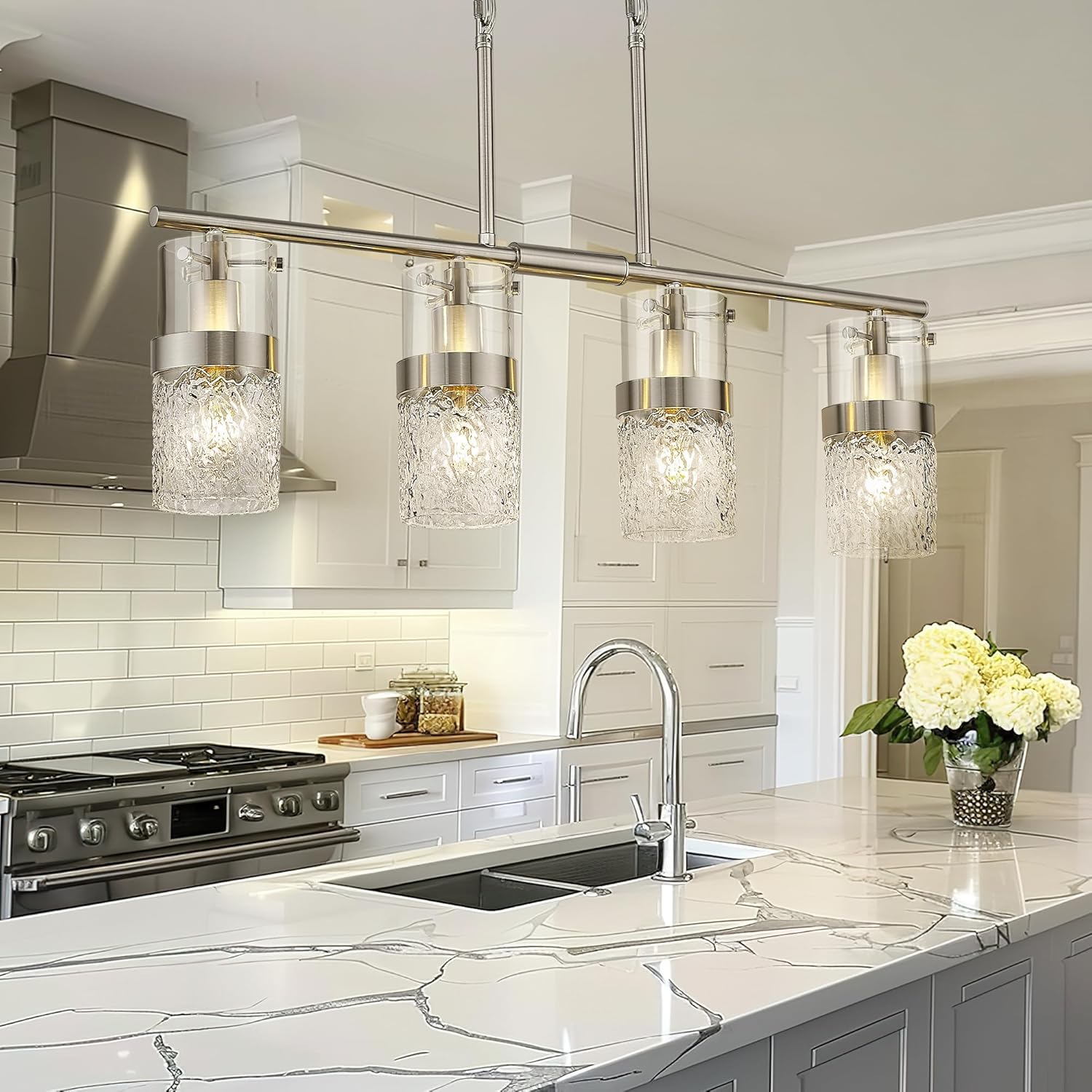 Adjustable Modern Black Pendant Light — 3.5" — Silver -Hammered Glass