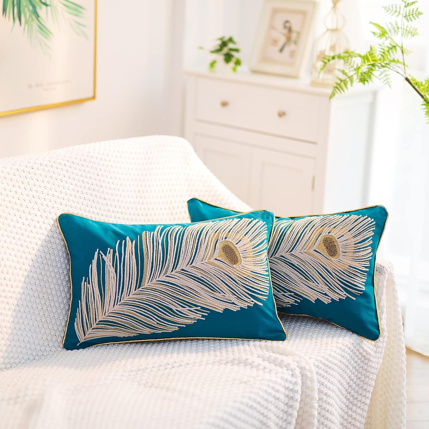 Embroidered Boho Blue Throw Pillow Cover — 18" — Feather
