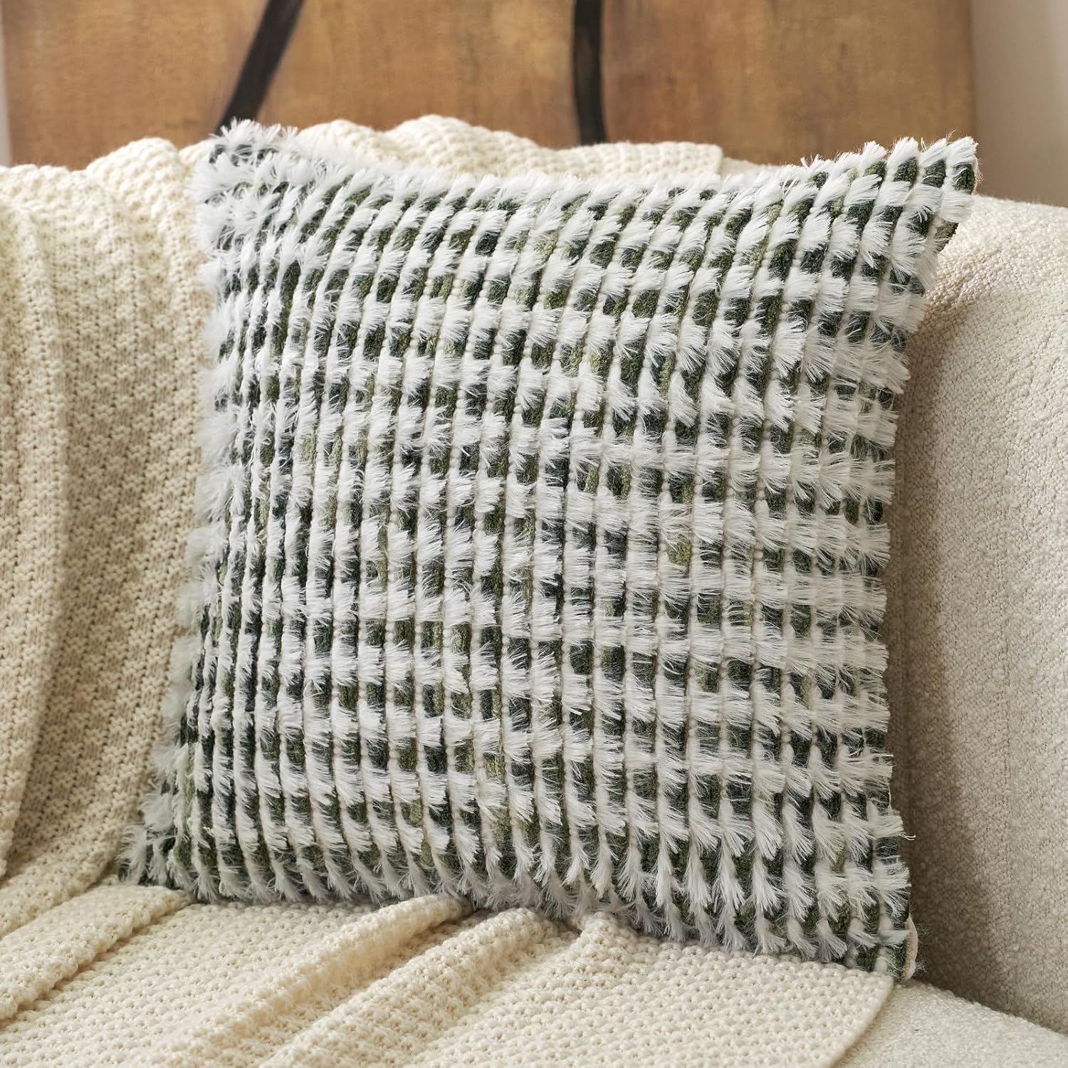 Tufted Boho Black Throw Pillow Cover — 20" — Green White