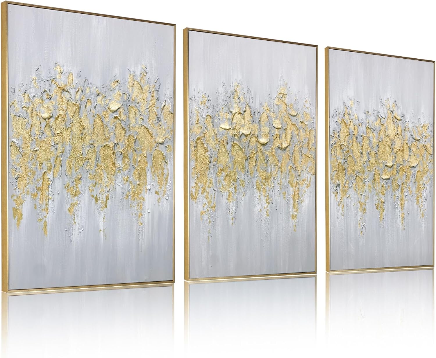 Framed Luxe Gold Canvas Wall Art — 16" — Gold Triptych- Hand Painted