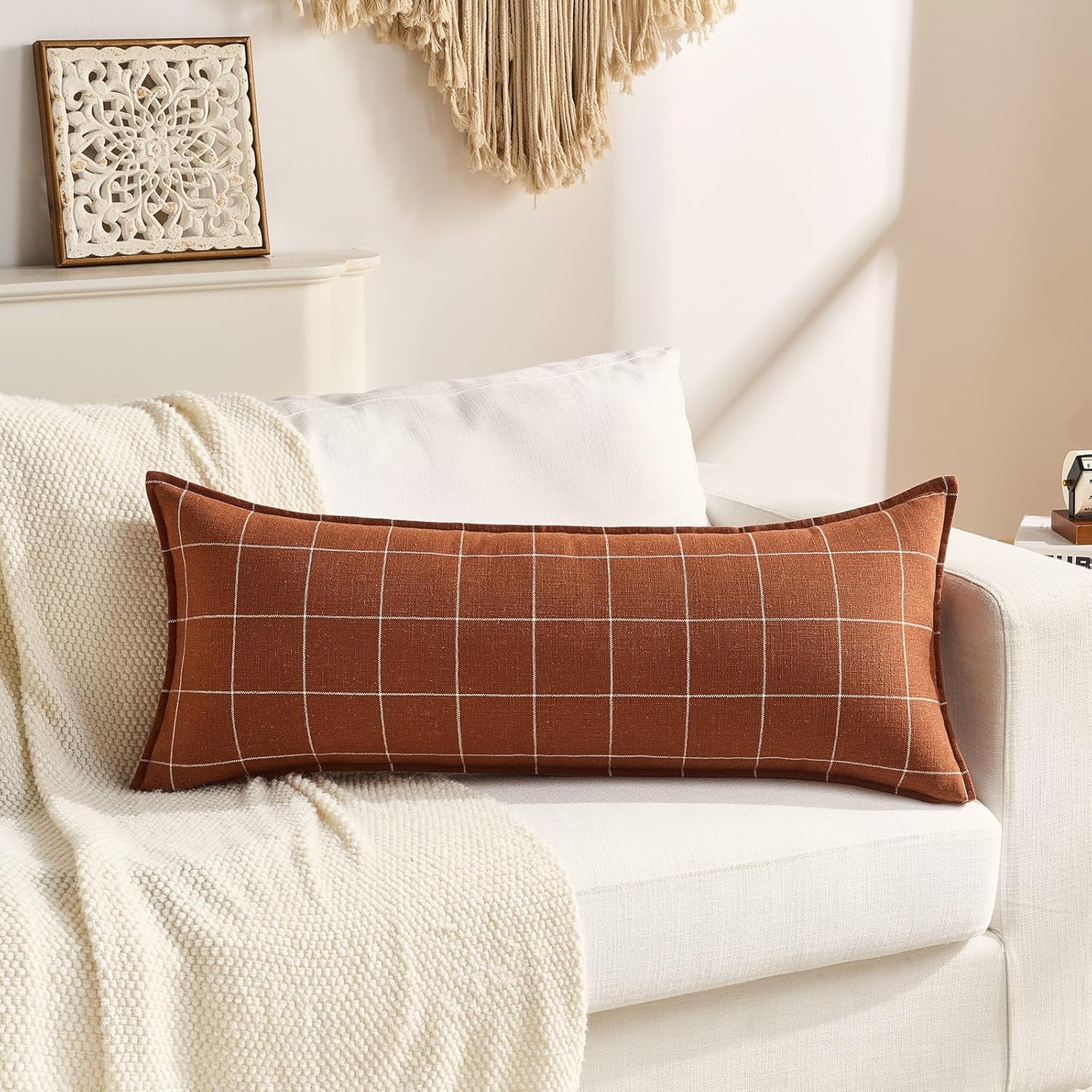 Linen Boho Beige Throw Pillow Cover — 20" — Terracotta Plaid 1 Pack