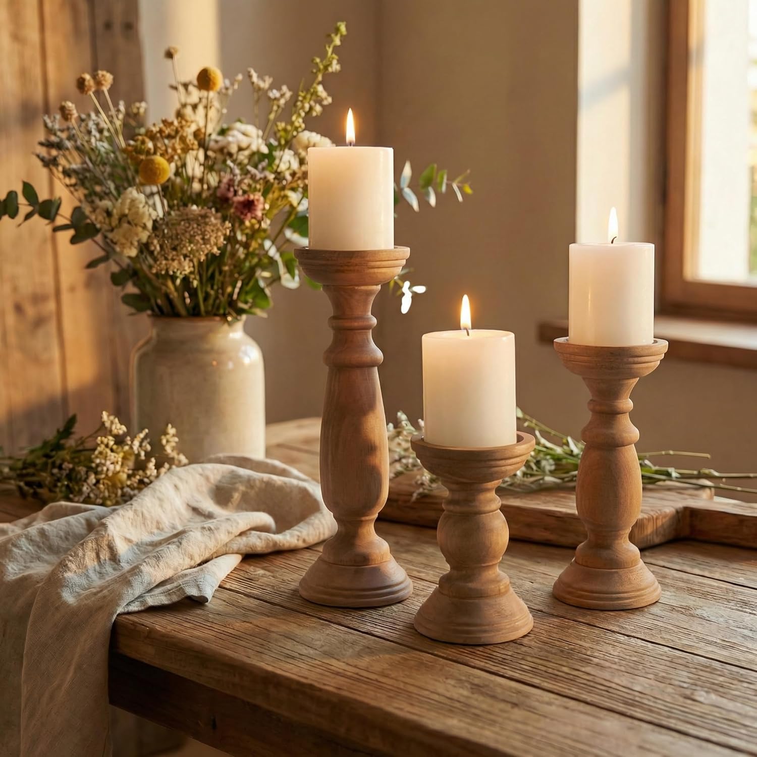 Vintage Farmhouse Beige Pillar Candle — 12" - View 2