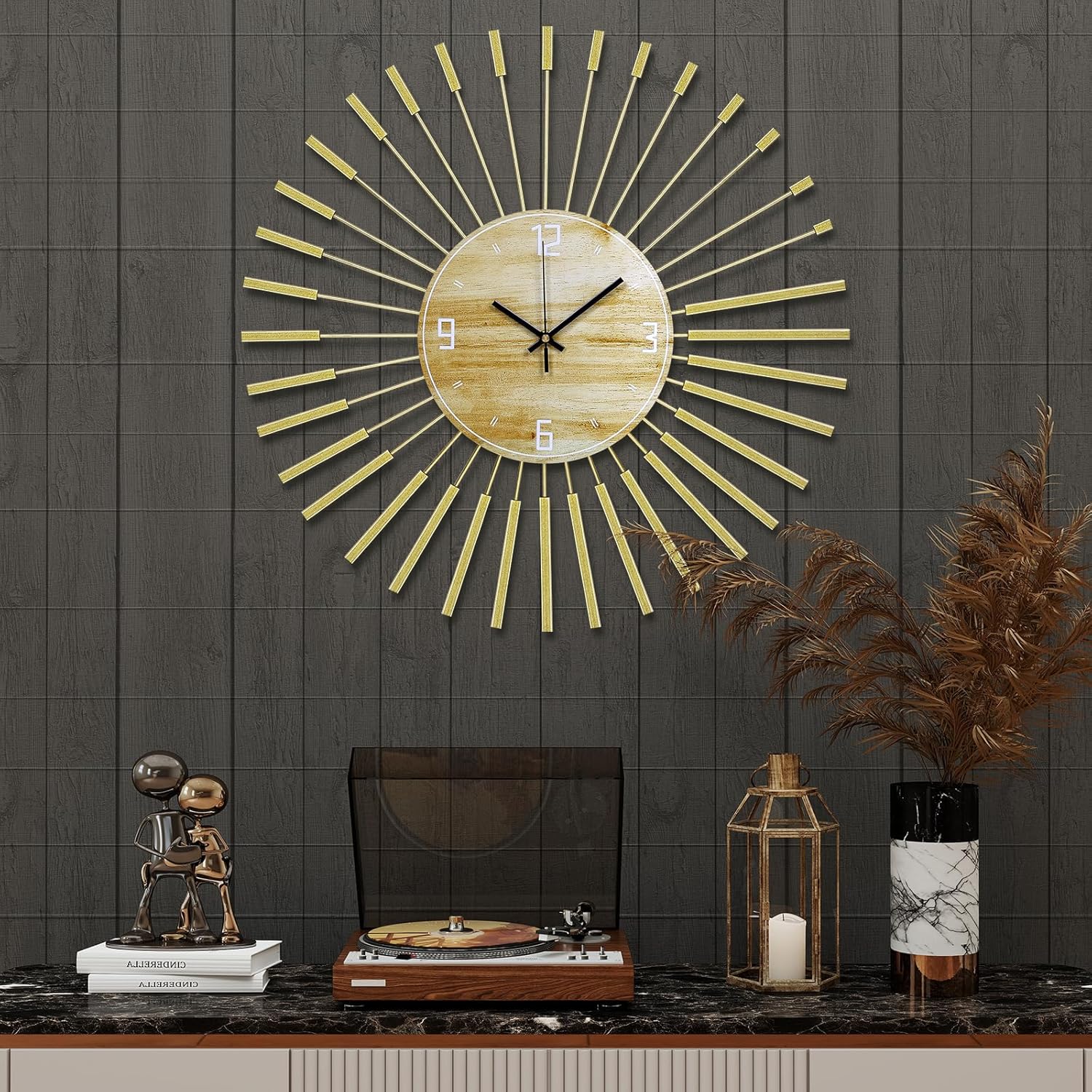 Modern Black Wall Clock — 27" — Gold Starburst