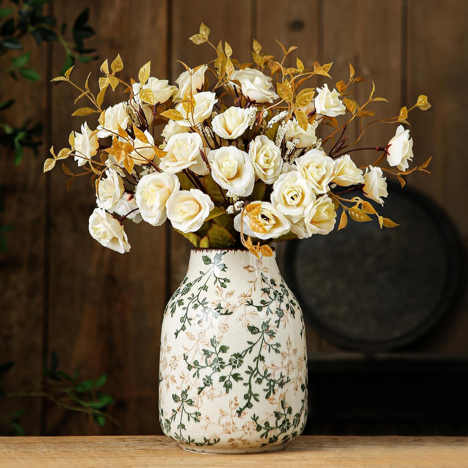 Vintage Farmhouse Beige Vase — 8" — 10-green and Beige