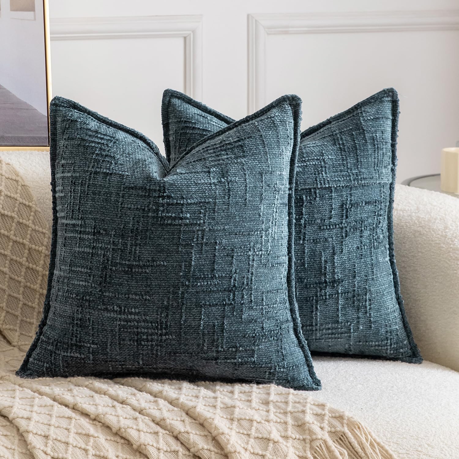 Chenille Boho Beige Throw Pillow Cover — 18" — Grey Blue