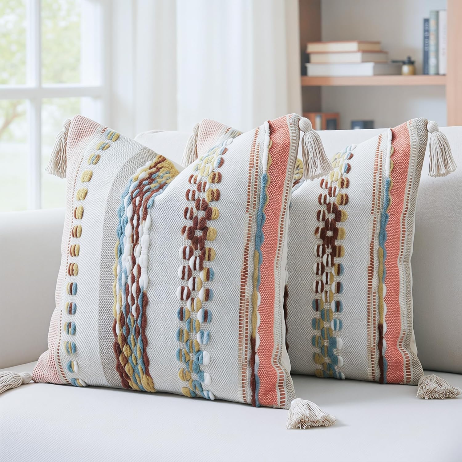 Chenille Boho Blue Throw Pillow Cover — 36" — Red Tone
