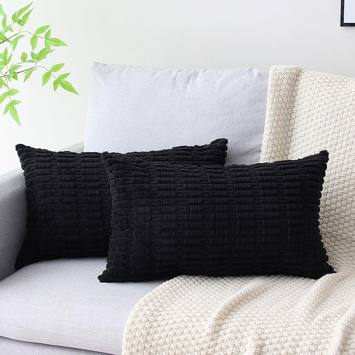 Lumbar Boho Beige Throw Pillow Cover — 20" — Black
