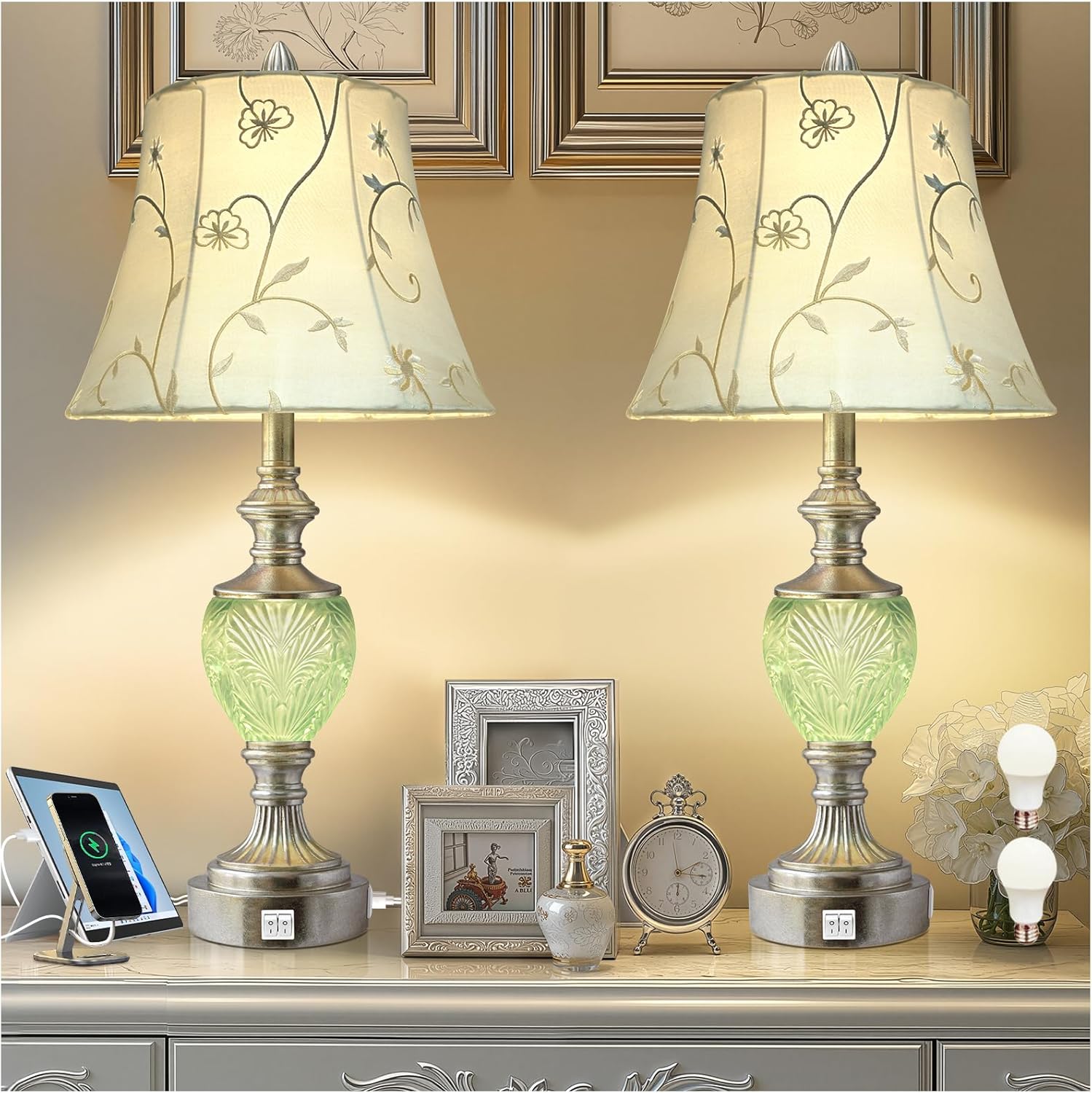 USB Beige Bedside Lamp — 28.5" — Silver-Set of 2