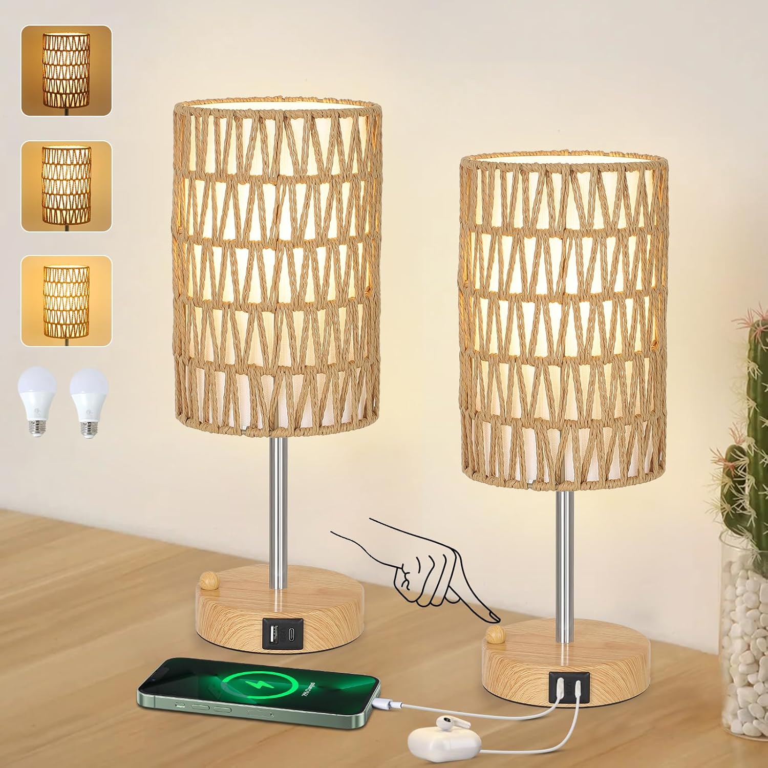 Dimmable Boho Black Desk Lamp — Faux wood-2pack
