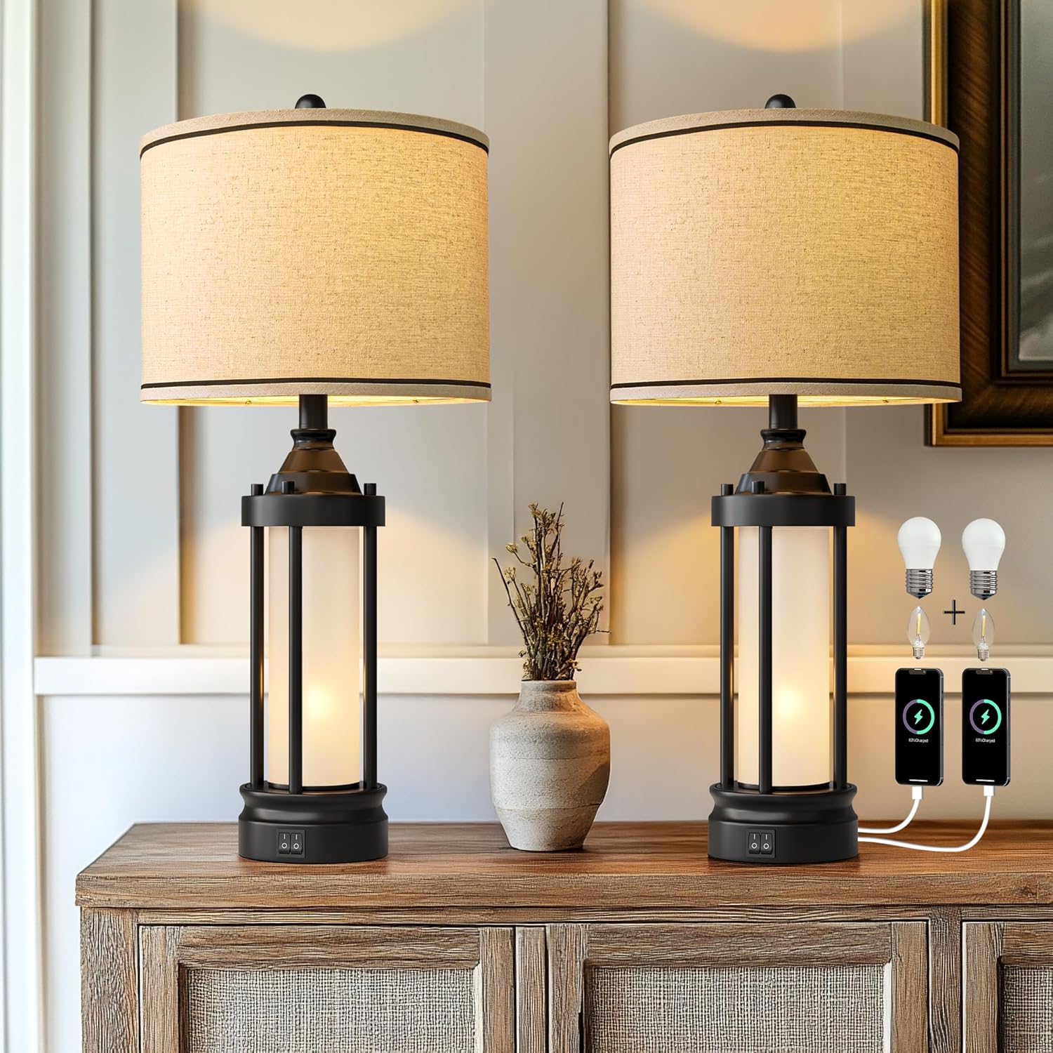 USB Farmhouse Black Table Lamp — 25" — Black